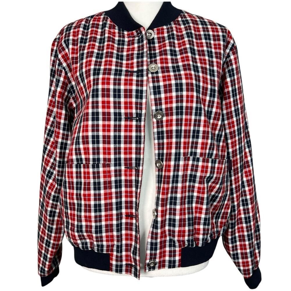 Liz Golf Liz Claiborne Red Blue White Plaid Bomber Jacket Size Medium vintage
